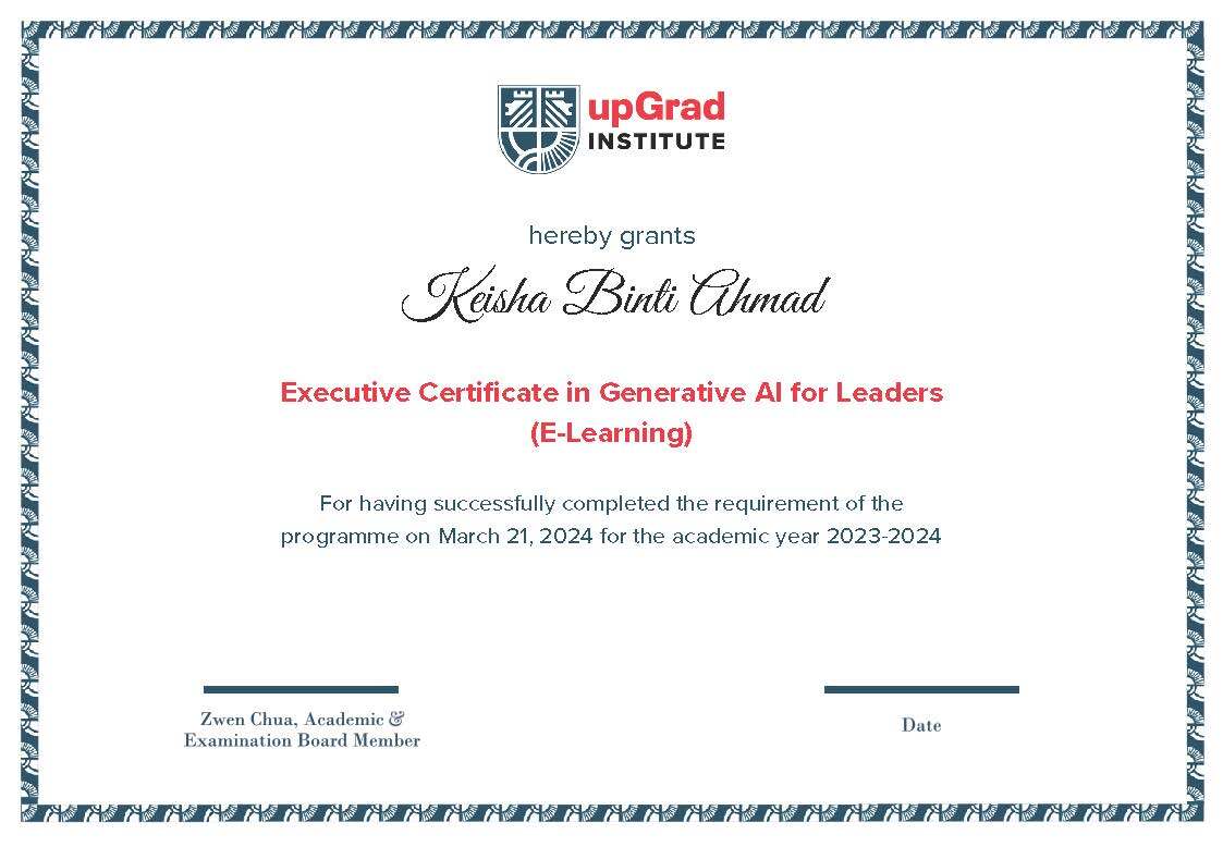 Upon successful completion of the Programme, you will receive an Executive Certificate in Generative AI for Leaders (E-Learning) from upGrad Institute.