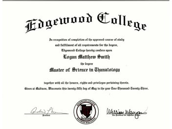 Upon successful completion of the programme, you will receive a Master of Science in Thanatology (E-Learning) degree from Edgewood College.