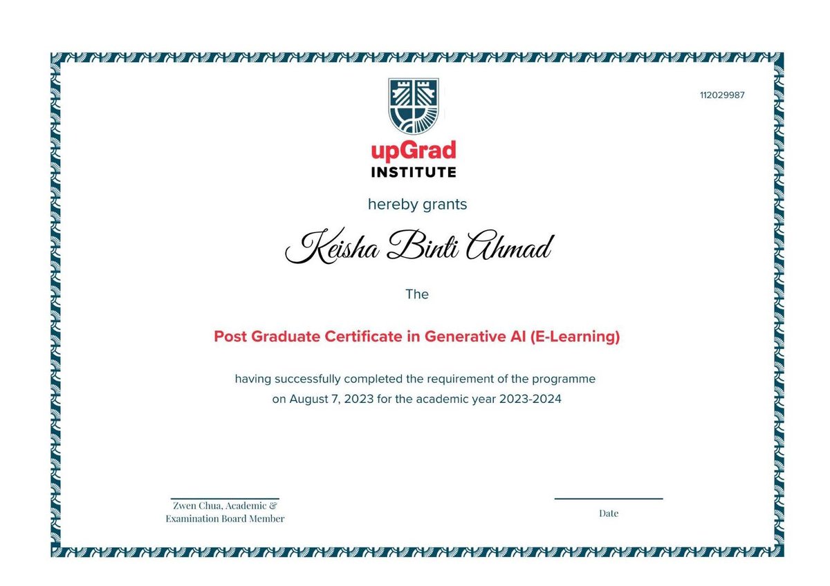 Upon successful completion of the Programme, you will receive a certificate for Post Graduate Certificate in Generative AI (E-Learning) course from upGrad Institute.