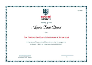 Upon successful completion of the Programme, you will receive a certificate for Post Graduate Certificate in Generative AI (E-Learning) course from upGrad Institute.